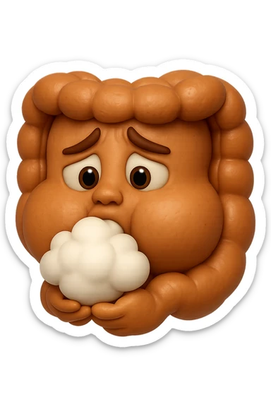 emoji stile iphone di un intestino che ingoia una nuvoletta di aria ben visibile e gli si gonfia la pancia, iperrealistico 4k sticker