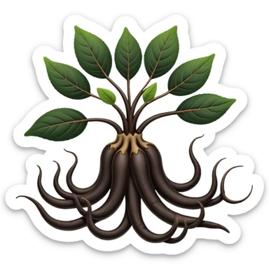 A beautifully arranged black ginseng root (heuksam), in Apple iPhone emoji style. Dark brown-black glossy color, subtle texture on the root, elegant curves, vibrant but natural tones, smooth gradients, clean simple shapes, no outlines, slight 3D depth.
 sticker
