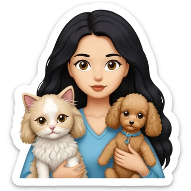 Lady with long black hair, with Ragdoll cat and small poodle  sticker