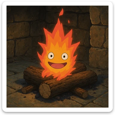 Ghibli-style Calcifer from Howl's Moving Castle, a magical, star-like fire spirit with a warm, friendly face and vibrant flames sticker