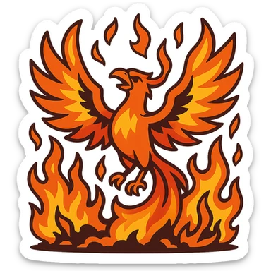a powerful phoenix rising from ashes, intense flames, dynamic movement sticker