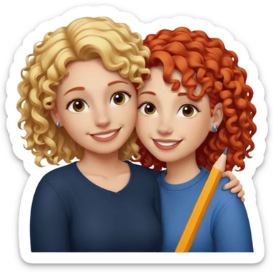 A woman with pencil straight, blonde hair and a nose piercing and a woman with curly red hair and a nose piercing are hugging and smiling together. sticker