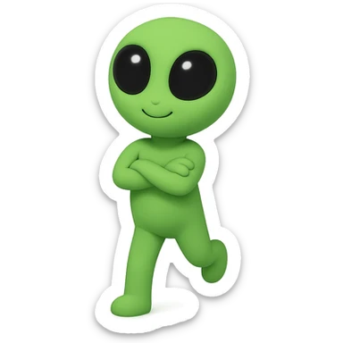 An alien dancing in neon green, almost identical to the reference image, with arms crossed and a slightly changed pose for animation frame 8. PNG with transparent background. sticker