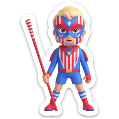 savage boy emoji with fierce look, mask with red, white, and blue stripes, gripping a sharp stick, representing Roger from Lord of the Flies sticker