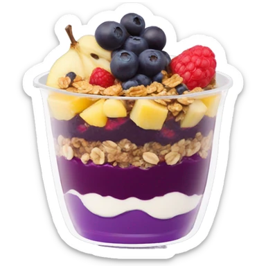 Açaí in a clear cup with layers of fruits and granola and condensed milk sticker