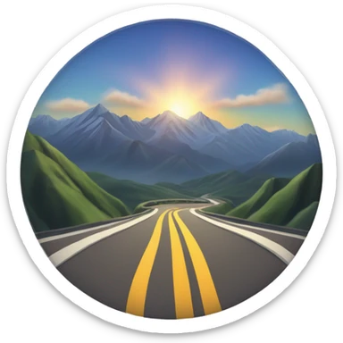 A vehicle on an unfamiliar road, with mountains in the background and the sun rising sticker