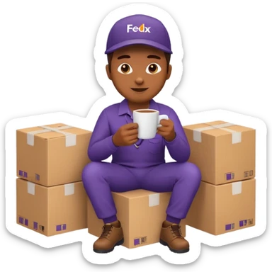 emoji of FedEx delivery man is sipping coffee while sitting on the boxes sticker