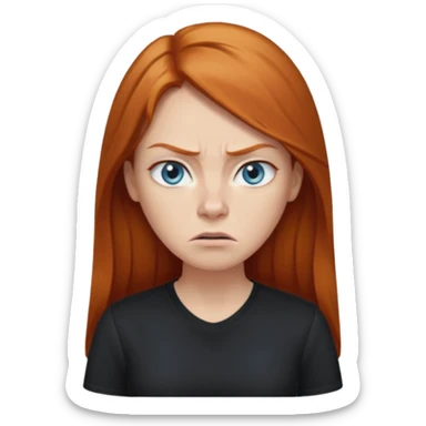 Ginger head woman with long hair and lightblue eyes, straight nose, almond eyes, black shirt. She is angry  sticker
