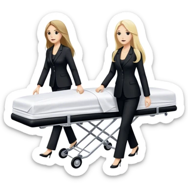 Two woman with long hair. One is brunette and one is blond. They have black pants suits on. And they are pushing a funeral stretcher in to a black Mercedes Vito funeral car. On the stretcher is a body covered in white sheets  sticker