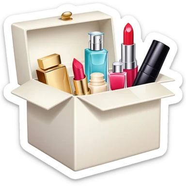 an open box overflowing with beauty products, including lipstick, face cream, and a perfume bottle sticker