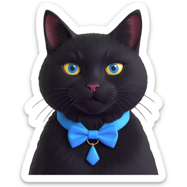 solid black cat no tuxedo with a blue bowtie collar, 3D illustration, lifelike fur, realistic lighting sticker