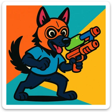 black German Shepherd with a ski mask, holding a water gun, bold and dynamic pose sticker