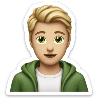 A boy with glossy lips green eyes and medium dark blonde hair with green eyes holding a heart  sticker