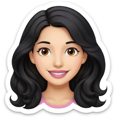 a woman is smile, her hair is long wavy and the color is black, her eyes color are brown and the color of her lip is soft pink sticker