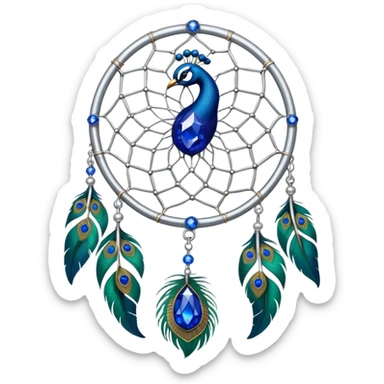 a Silver Dreamcatcher with sapphire-stones and emerald-stones, and with peacock-feathers. Big sapphire gem in the middle. Many tiny emerald gems around it.   sticker