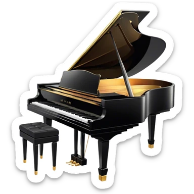 Cinematic Realistic Piano, glossy black grand piano with elegantly curved edges, pristine white and black keys, soft golden light reflecting off its polished surface, faint reflections of a musician’s hands, glowing with refined elegance and musical depth. sticker