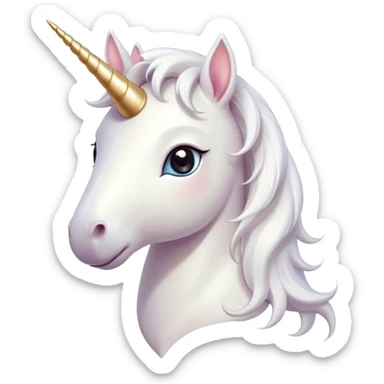 Cinematic Cute White Unicorn Portrait Emoji, Head tilted playfully and inquisitively, featuring a charming, petite form with a silky white color, a delicately flowing mane and tail, and a tiny, sparkling horn, with large, dreamy eyes full of wonder, Simplified yet irresistibly adorable features, highly detailed, glowing with a warm, enchanting glow, high shine, affectionate and lively, stylized with a touch of fairy-tale whimsy, soft glowing outline, capturing the essence of a mischievous yet endearing white unicorn that seems as if it could gallop out of the screen into your heart! sticker