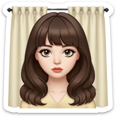 pretty baddie, brown hair, curtain bangs, cute lips, pale skin, long hair, dark brown eyes, bold black eyeliner sticker