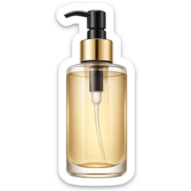 elegant semi-transparent pump bottle filled with pale golden to clear liquid, slightly glossy and lightweight, cylindrical bottle with curved pump top and clean lines, skincare product style, no label, no extras, soft lighting, subtle shadows, emoji scale sticker