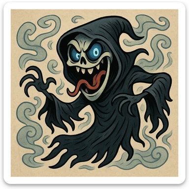 dementor, stylized as a cartoon villain, exaggerated features, swirling mist, unique style, playful yet menacing sticker