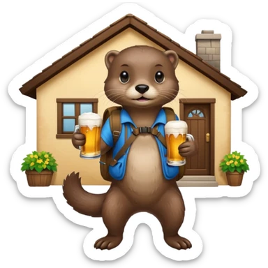 otter with a backpack holding a beer entering a house sticker