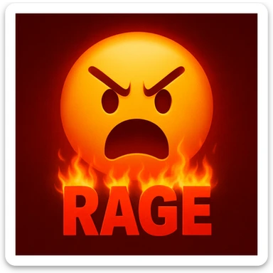 general style emoji with red background with dark center, 'RAGE' in red text, fire coming out of the text, dramatic lighting sticker