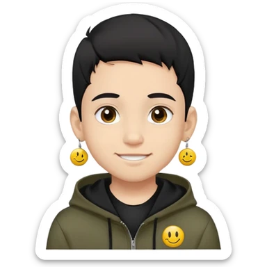 boy with military cut black hair, brown eyes, wearing 2 circle earrings and a black hoodie with a smiley face sticker