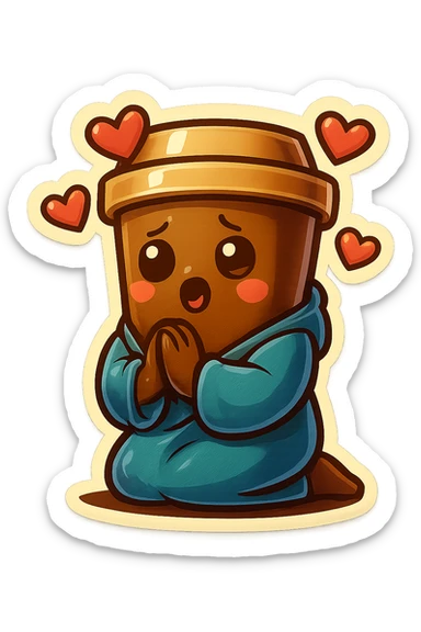 Tall coffee cup, bowing on knees, gushing with love, worship, wearing soft blue monk robes sticker