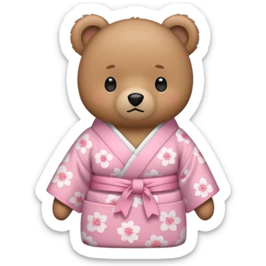 A cute light-brown bear wearing a pastel pink sakura-patterned kimono, normal balanced body ratio.  
Arms crossed with a slight pout, daring “wanna get scolded?” expression.  
Kawaii emoji style, minimalistic clean sticker illustration, white background.
 sticker