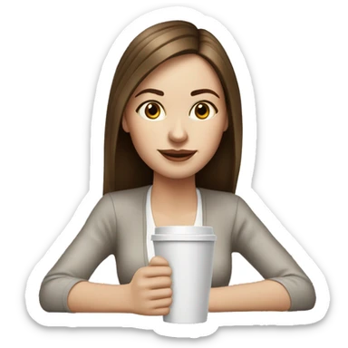 Side view realistic posh brown straight haired pale woman sits at the coffee table sticker