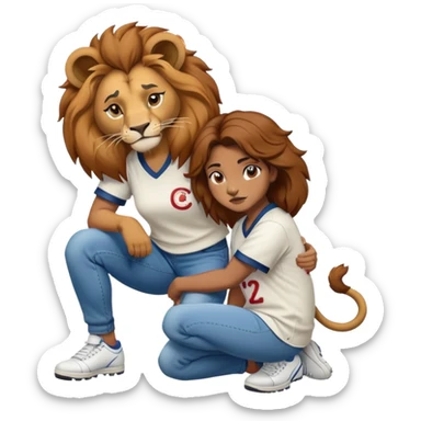 confident anthropomorphised female lion wearing a baseball shirt, jeans, and trainers, crouched on her hunches, comforting another character sticker