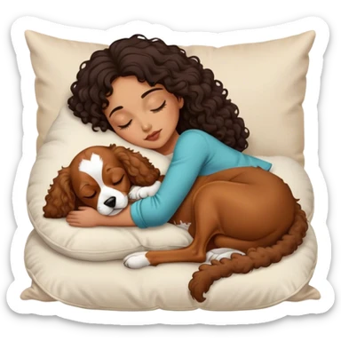 Curly dark hair medium length mixed girl sleeping on pillow with cavalier dog sticker