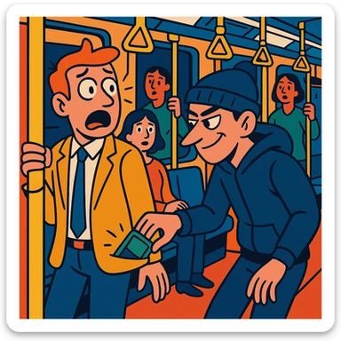 dynamic scene of a pickpocket stealing a wallet from a passenger in a crowded subway, expressive faces, urban setting, vibrant colors sticker