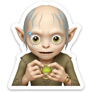 expresion de Gollum del señor de los anillos en la cual tiene un anillo con la expresion precioso sticker