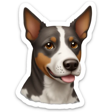 Dark brown tan and white cattle dog with a thin nose stripe sticker
