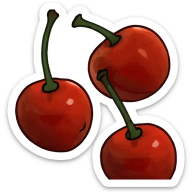 3D style two shiny red cherries hanging from a wooden branch with small green leaves sticker