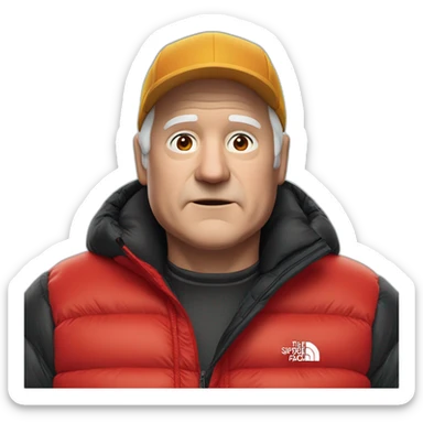 old white man overweight with black and red supreme north face puffy jacket  upper body bust sticker