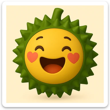 Create a 3D emoji style durian character with the colors, outer contour, and spikes matching the reference image. The expression should be a big open-mouth smile with heart-shaped blush marks on the cheeks, rendered in a 3D emoji look. sticker