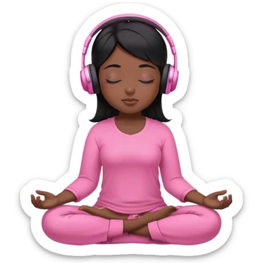 Chica de pelo negros con los ojos cerrados escuchando musica en audifonos y con camisa rosa mientras medita sticker