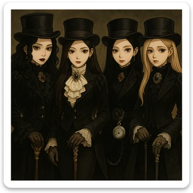 Add aristocrat goth accessories such as ornate canes, lace gloves, jeweled brooches, top hats, and silver pocket watches, keeping the regal and dark theme, in a detailed illustration style. sticker