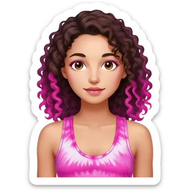 Woman in her 30s with luminous skin, long defined dark brown curls, large brown eyes, full lips with natural pink color, wearing bright pink tie-dye tank top, nurturing warm expression sticker