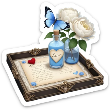On a lace-trimmed tray rests an ornate glass bottle filled with a soft blue love potion, next to an aged love letter sealed with a wax heart. A delicate pearl butterfly gently perches on the edge of the envelope, while petals of white peonies and pale blue hydrangeas are scattered around. sticker
