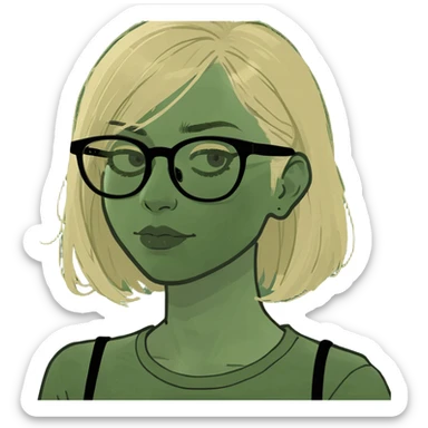 Girl with blonde hair and black glasses and pale face sticker