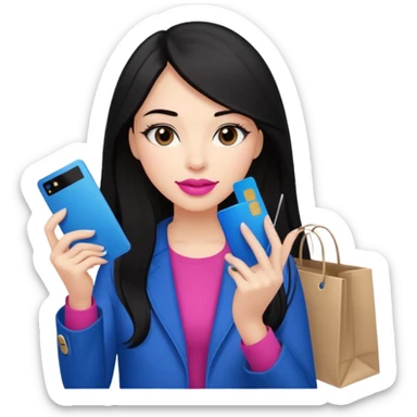 Girl with long black hair, pink lipstick, brown eyes on the phone holding shopping bags and blue credit card sticker