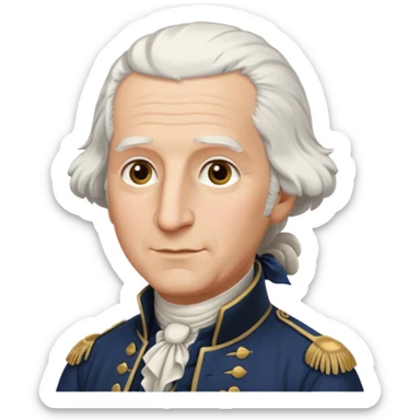George Washington as an apple style emoji, white hair, colonial attire, friendly expression sticker