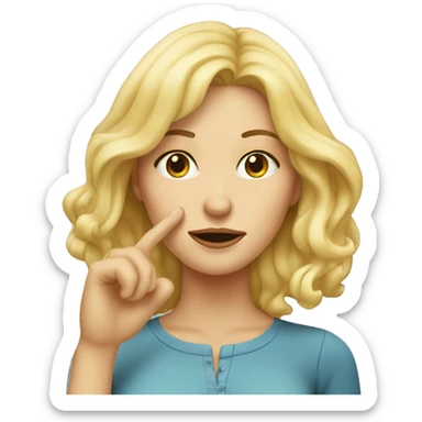 Blond woman from face, levitating fingers touching her nose sticker