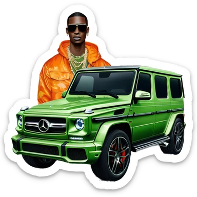 Young Dolph luxury clothes,blue diamond chain on,near his car, just opened drivers side car door to his all orange and green colored,whole car painted army camouflage, Mercedes G Wagon sticker