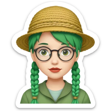 girl with green hairs, braids and spectacle and hat sticker