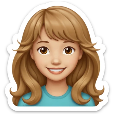 Please generate a portrait of a pretty girl with long, wavy, light brown hair and bangs, she's smiling. sticker