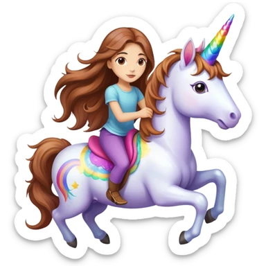 young light-skinned girl with long brown hair on a colorful unicorn sticker